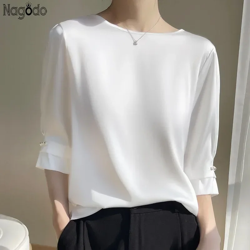 

New Summer Casual Women's Stain Silk Shirt Half Short Sleeve Tee Acetate Blouse O-neck Lady Tops Pearl Women T-shirts Thin Tee