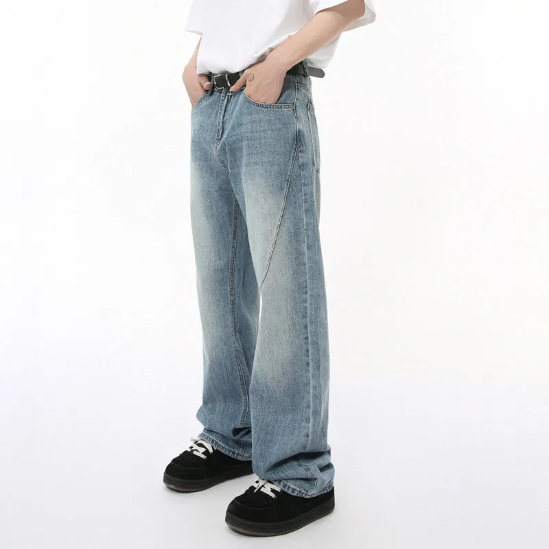 High Street Men's Washed Denim Pants Fashion Autumn Male Straight Loose Trousers New Stylish 2024 Menwear