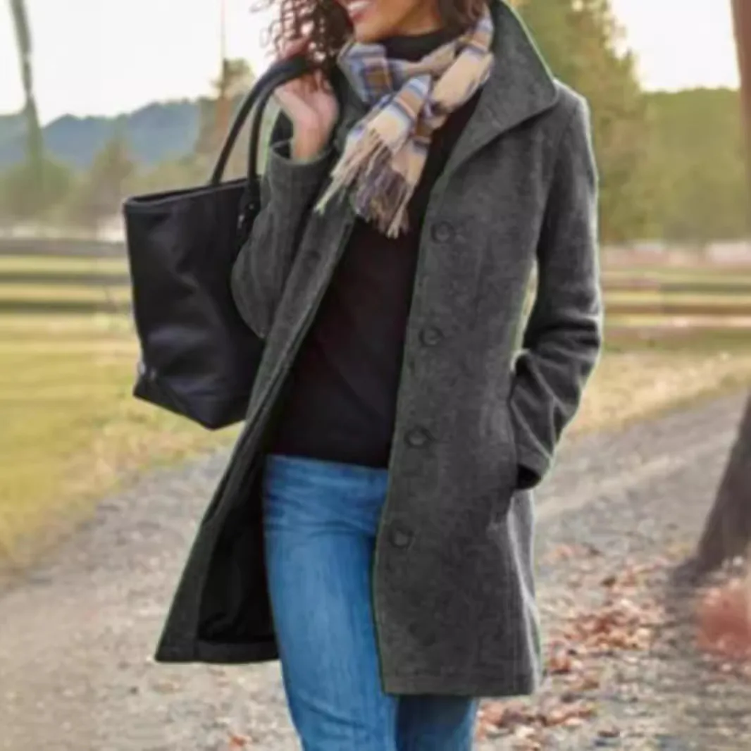 Otoño Invierno nuevo Vintage medio a largo mujer abrigo Casual versátil Color sólido abrigos de lana femeninos