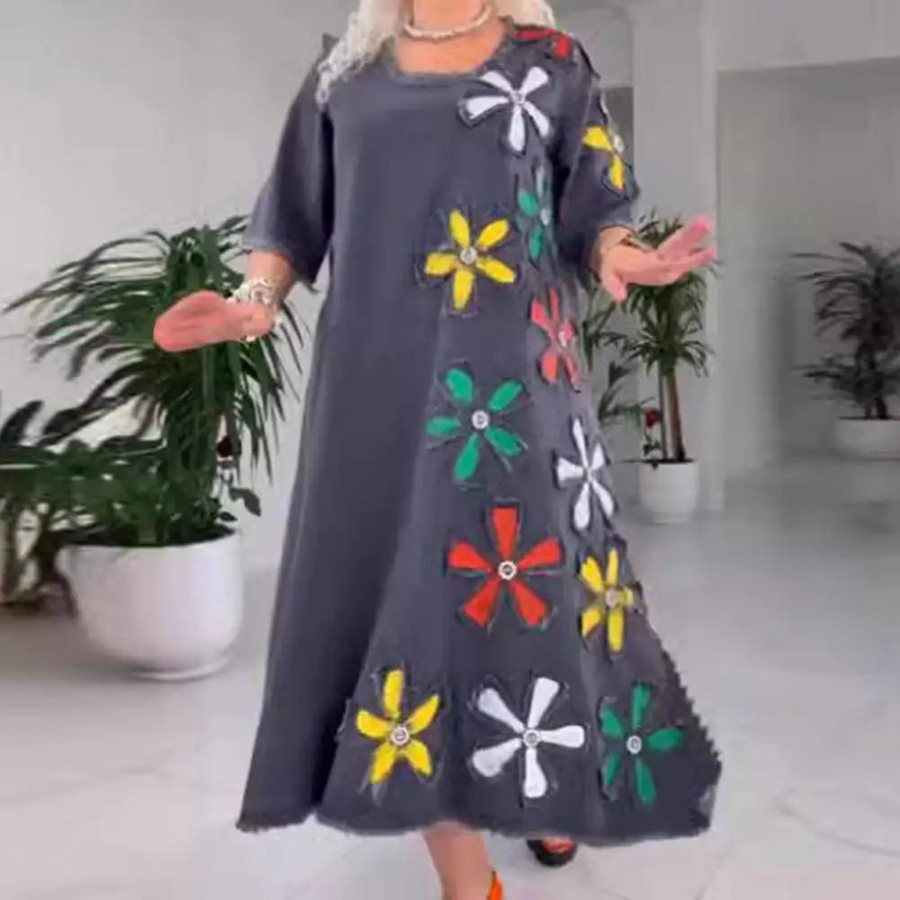 

Fall Spring Lady Dress Flower Patch A-line Round Neck Big Hem Three Quarter Sleeves Ripped Hem Pullover Daily Wear Midi Dress