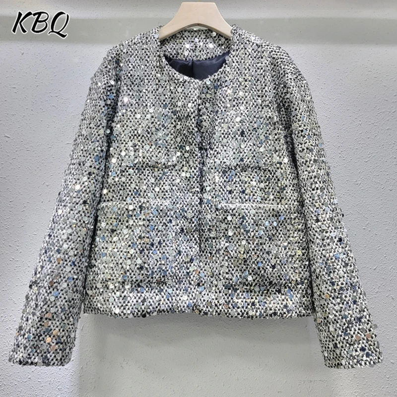 

KBQ Patchwork Sequins Luxury Jackets For Women O Neck Long Sleeve Open Stitch Streetwear Designer Coats Female Fashion Autumn