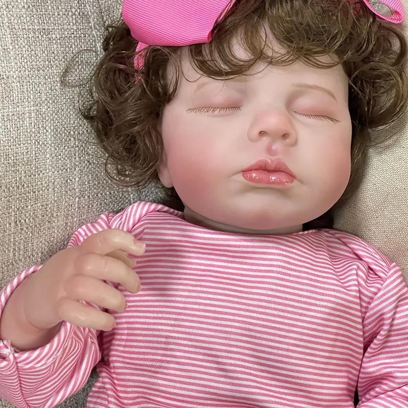 

19inch Reborn Baby Dolls Sleeping Loulou with Curly Hair Sweet Baby 3D Painted Skin Tone with Visible Veins Baby Girls Toy Gifts