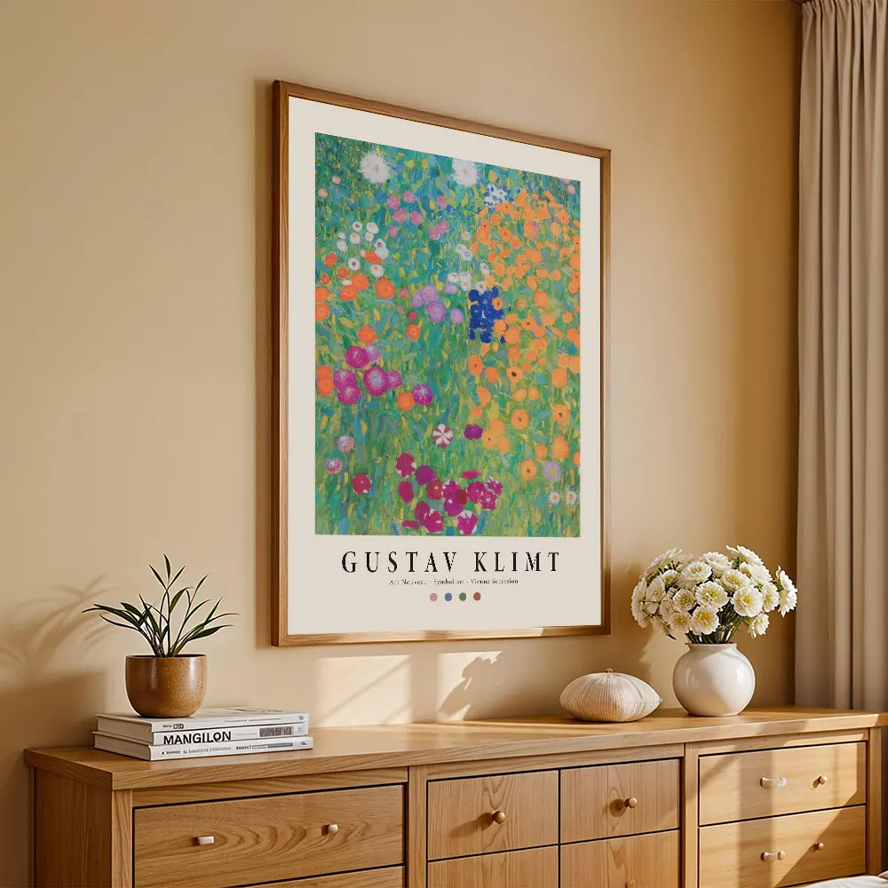 Gustav Klimt Golden Flower Garden Poster Painting Canvas Print Wall Art For Modern Living Kitchen Dining Room Home Decor