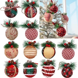 12/24Pcs Red Green Plaid Christmas Balls With Pine Cone Xmas Tree Hanging Foam Pendant Christmas Decorations Navidad New Year