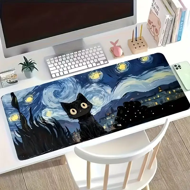 VIKAMA Van Gogh Black Cat Large Desk Mat Non Slip Waterproof Gaming Mouse Pad Starry Table Protector Student Home Office