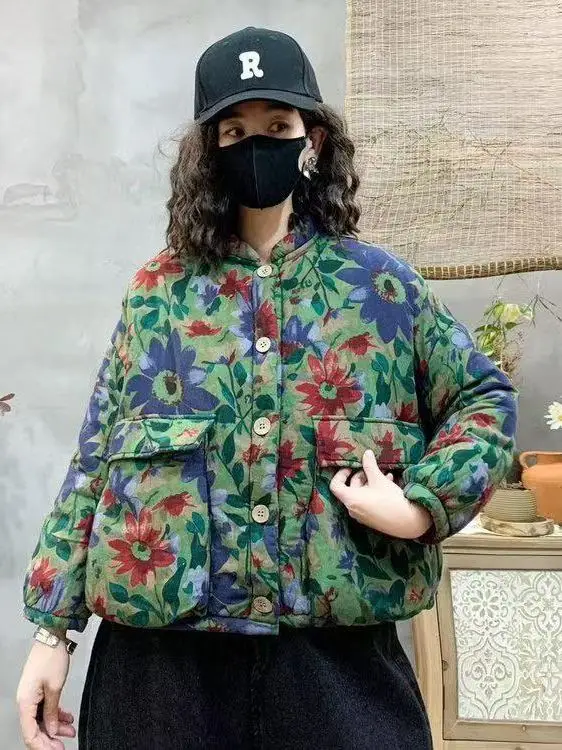 

Женская утепленная хлопковая куртка в стиле ретро с этническим цветочным узором, свободного кроя, с воротником-стойкой, на одной пуговице, теплая верхняя одежда