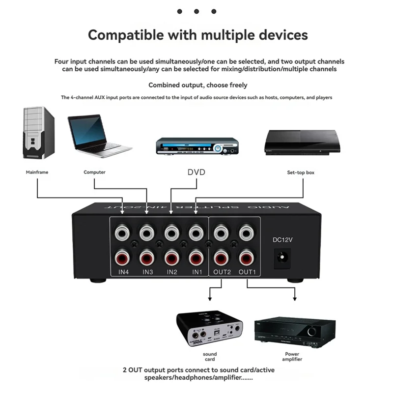 AT82-Op Amp Integrated Audio Switch Mixer Splitter 4 In 2 Out, Stereo High Fidelity, Volume Adjustment, No Switching