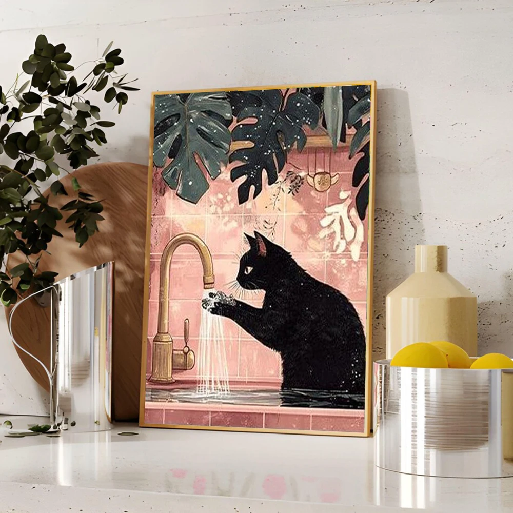 Bathroom Cat Canvas Wall Art Print Poster Funny Cat Decorative Painting for Modern Home Bathroom Decor Pet Lover Gift Unframed