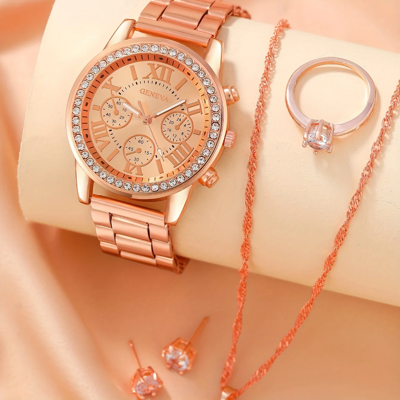 Women's Watch Luxury Rhinestone Quartz Watch Rome Fashion Analog Wrist Watch & 4pcs Jewelry Set, Gift For Mom/Her