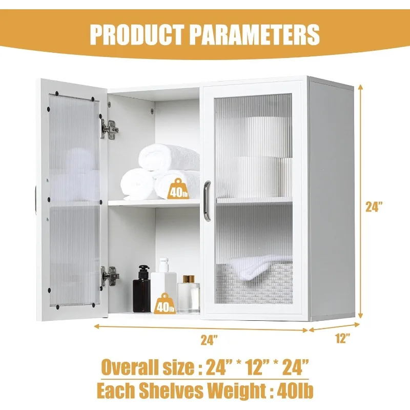 Wall Amount Cabinet for Laundry, Kitchen, Bathroom or Office Storage with Acrylic Soft Glass 2 Doors