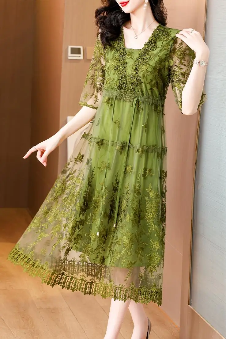 2024 Summer Floral Loose 4XL Plus Size Mulberry Silk Dress Vintage Casual Chiffon Midi Dress Women Elegant Bodycon Party Vestido