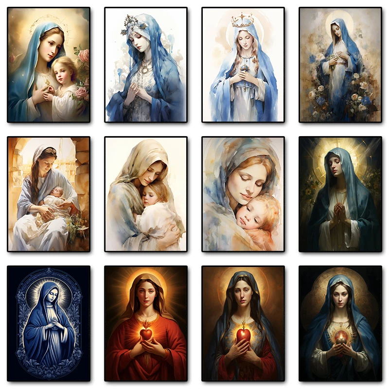 Blessed Virgin Mother Mary Poster and Print Canvas Painting Christian Faith Wall Art Picture for Religiou Church Room Home De