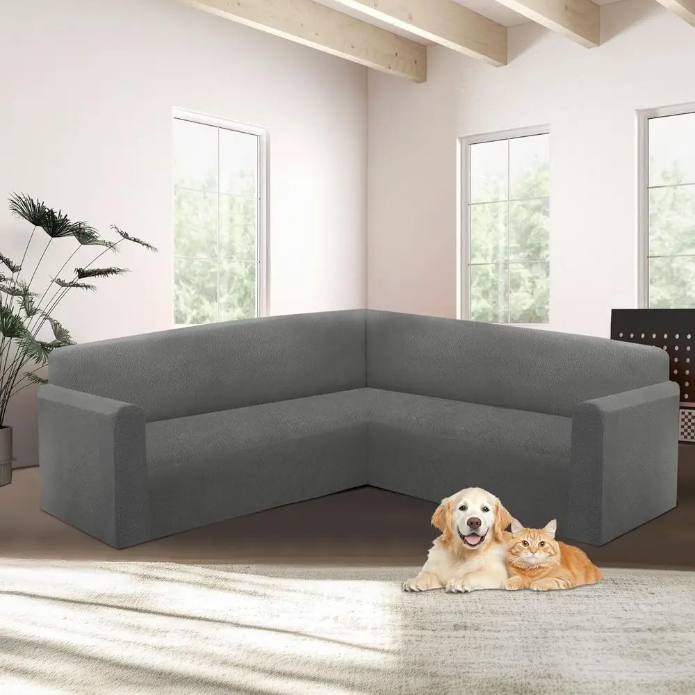 L字型ストレッチソファカバー、セクショナルソファ用、洗えるジャカード、滑り止め、ペット対応、ダークグレー、特大サイズ