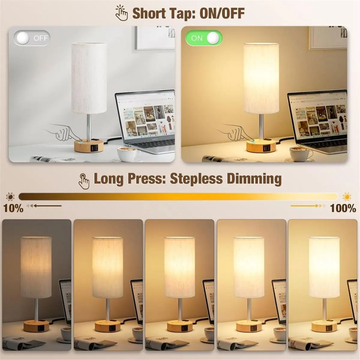 giftnew Touch Bedside Table Lamp, Dimmable Nightstand Lamp, Small Wood Desk Lamp with Ports and Outlet for Nursery Dorm US Plug