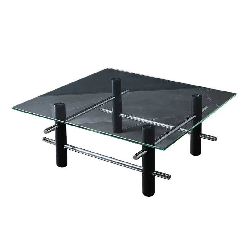 

Modern square glass coffee table, stainless steel metal craftsmanship, wooden legs, living room combination