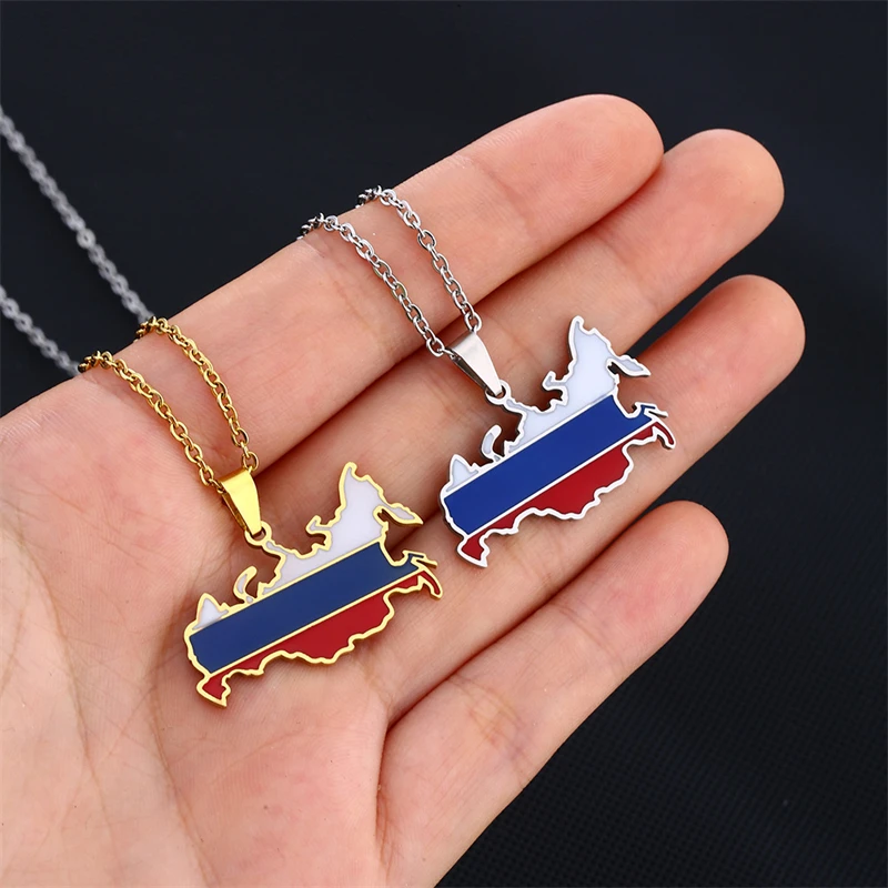 Russia Map Flag Pendant Necklaces The Russian Federation Charm Stainless Steel Jewelry Silver Color/Gold Color Chain Necklaces