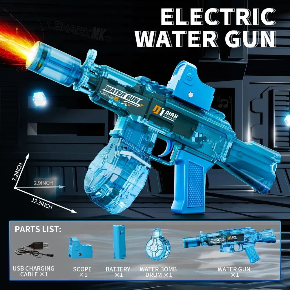 AK Electric Water Gun Toy High-Pressure Water Blaster Toy with LED Light Summer Outdoor Shooting Water Battle Games for Children