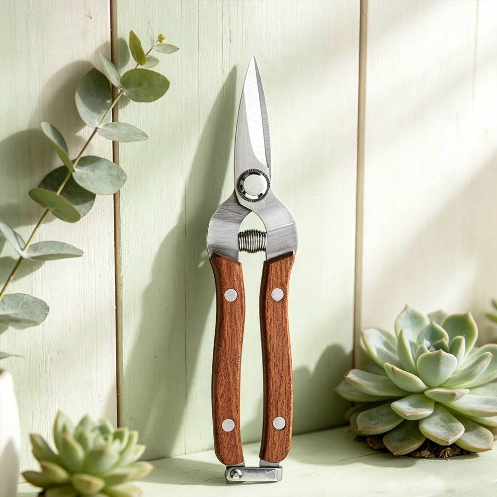 19cm Straight Blade Garden Pruning Shears, Solid Wood Non-slip Handle Manganese Steel Scissors for Fruit Picking and Grafting