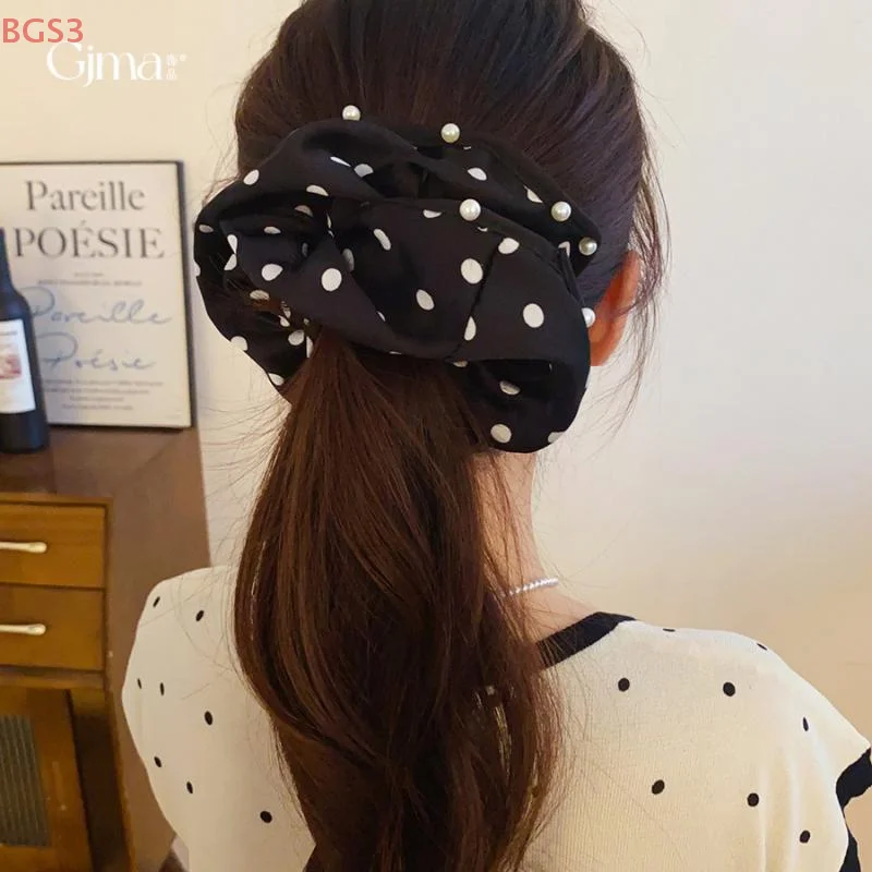 

Korean-style Pearl Trim Black And White Polka Dot Fabric Hair Tie For Women Suitable For Low Ponytails To Tie Hair