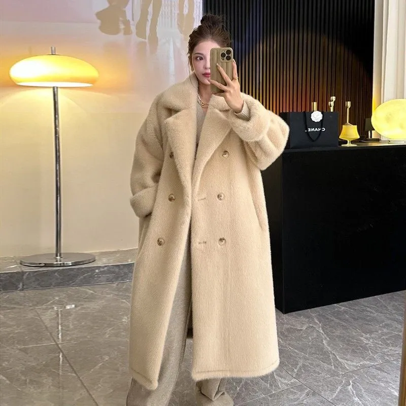 معطف بياقة بدلة سميكة ومطولة من فرو الصوف معطف مختلط للنساء مع القطن
