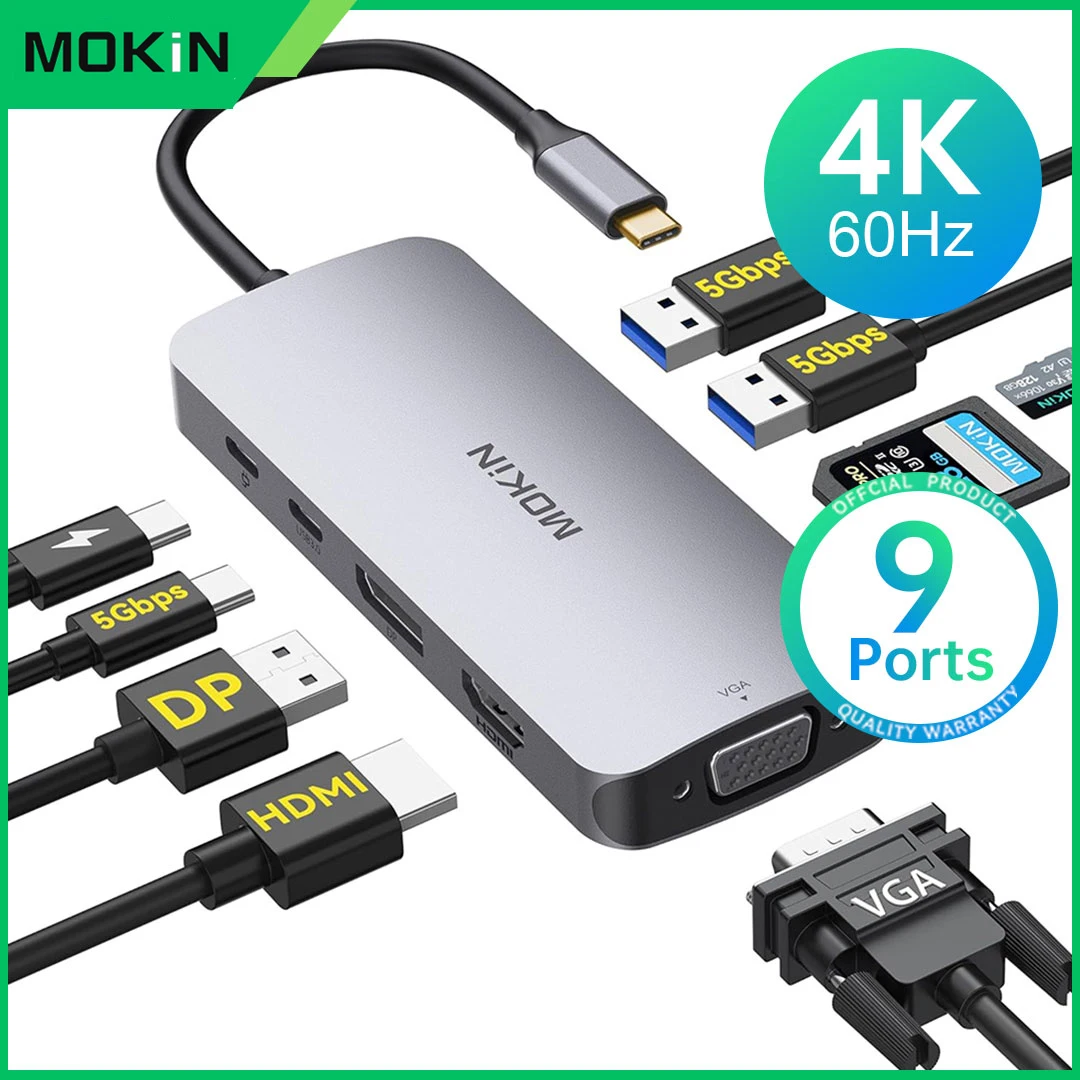 MOKiN USB C Hub, адаптер USB C 9 в 1 с HDMI, DP, VGA, 3 USB3.0, TF/SD, 100 Вт PD, док-станция для MacBook Air/Pro Lenovo