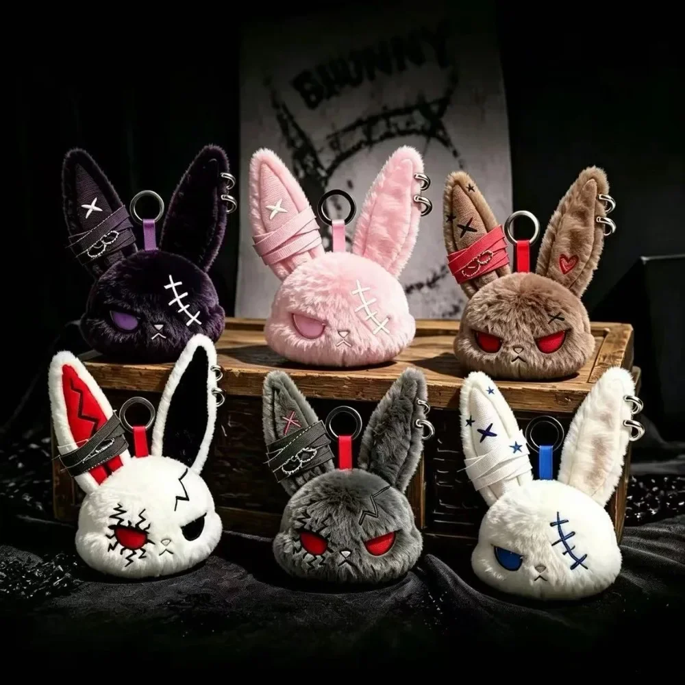 Gothic Rebel Bully Rabbit Stuffed Animal Bag Charm Soft Pendant Keyring Cute Dark Bunny Plush Doll Keychain Decoration Gift