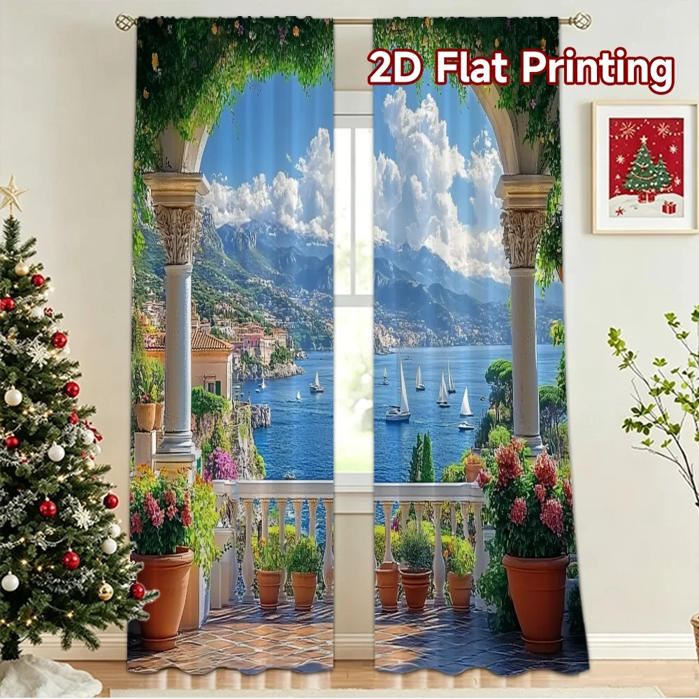 2D flat 2pcs Curtain Country Style Mediterranean Lake Terrace View Durable polyester fiber Festive Holiday Perfect for Yard &