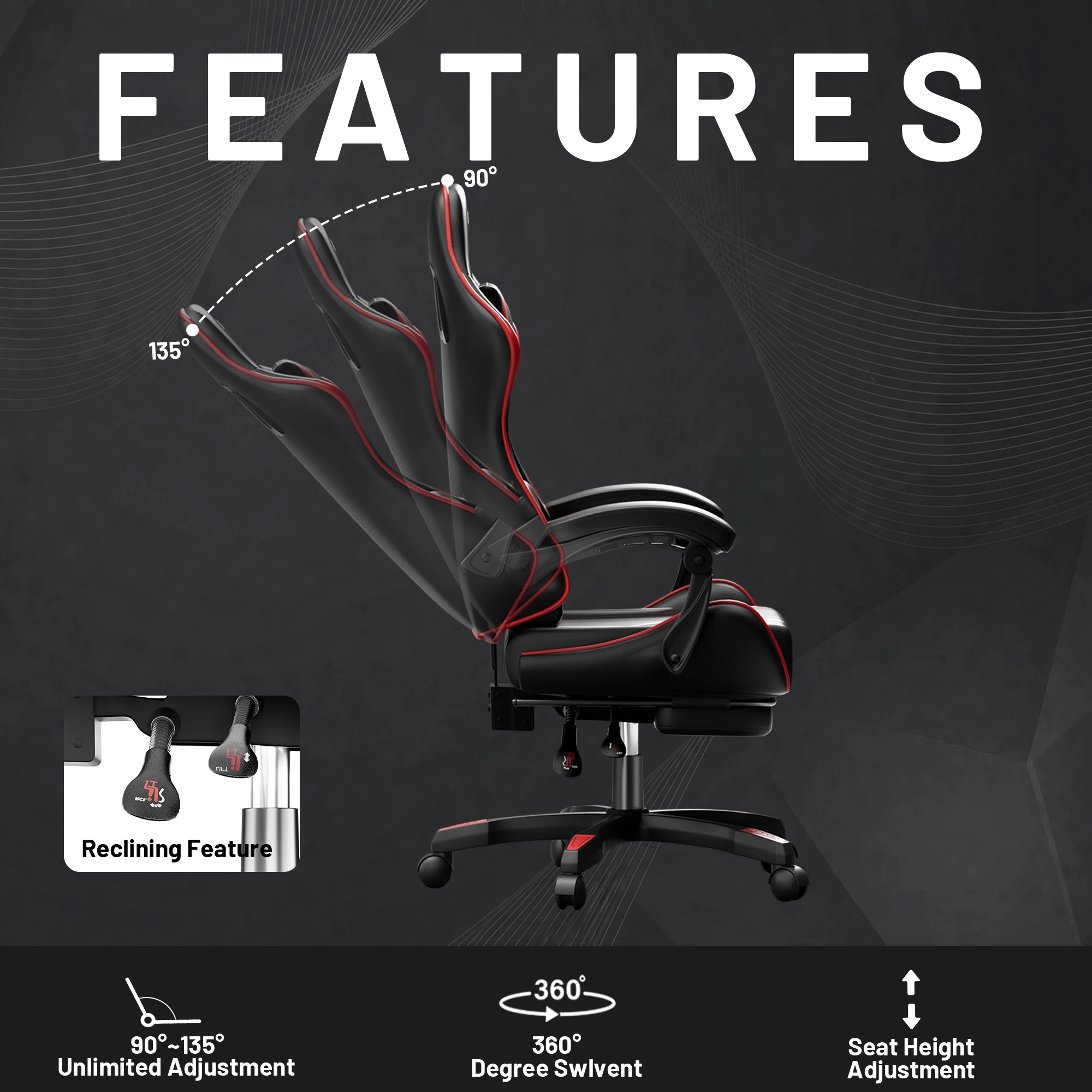 Silla para videojuegos, silla ergonómica para oficina y computadora con soporte lumbar, reposapiés y reposacabezas, altura ajustable y ángulo del respaldo, silla para videojuegos, cuero PU, 360 °   Silla Giratoria, Adulto, Negra