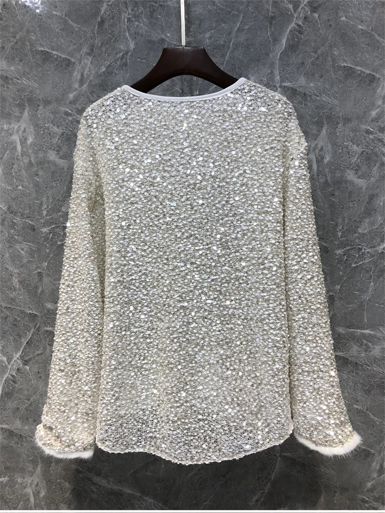 Elegant Heavy Embellished Sequin T-Shirt Women's Euro Style Spring Fashion Top Quality Straight Cut Long Sleeve Commute Wear