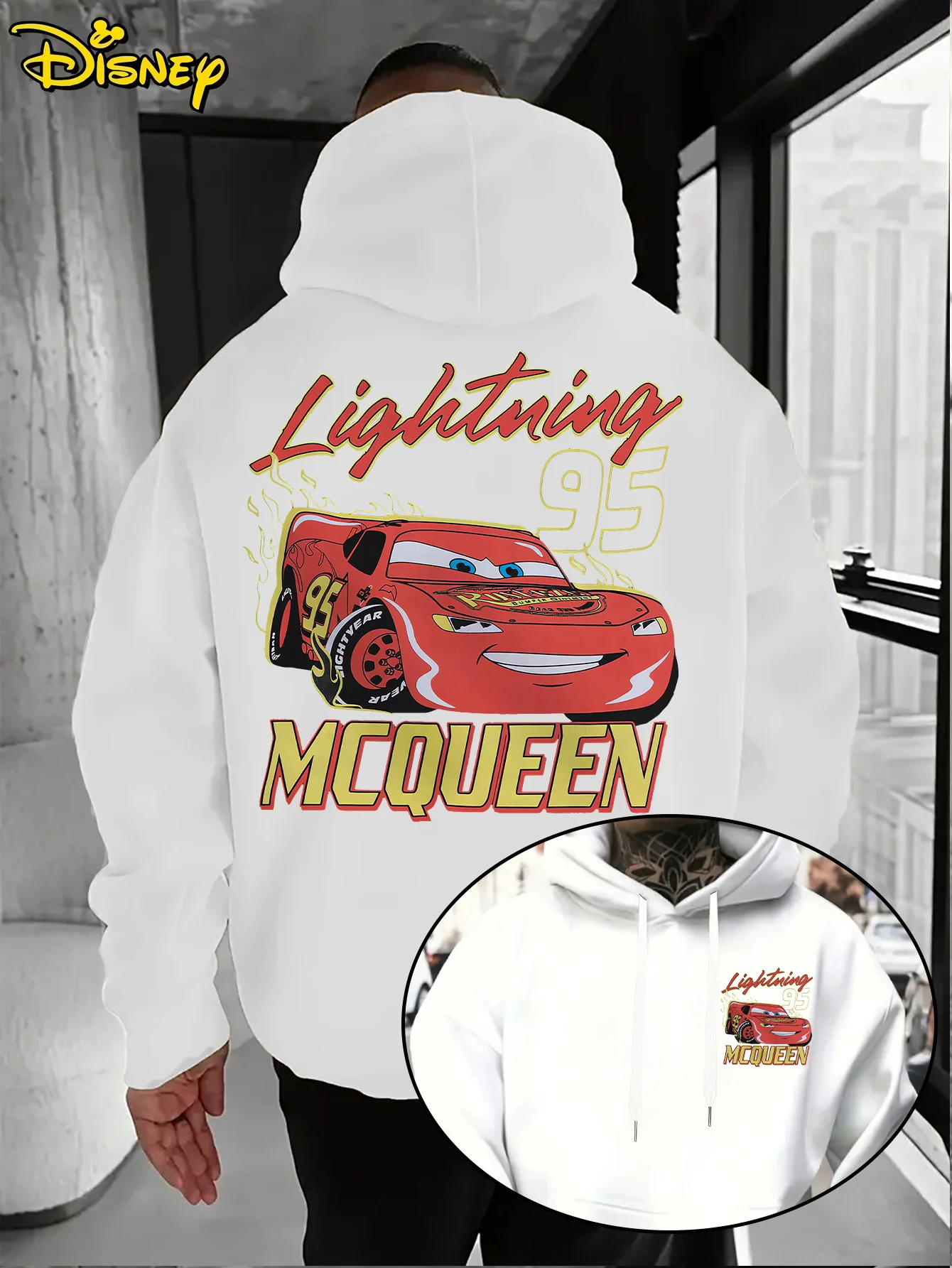 Unisex Disney Cars Cotton Hoodie Red with Animated Car Character Blue Eyes Number 95 Smile Design Yellow Flame Back Print Loose
