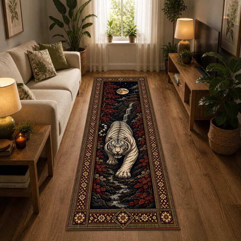 Majestic Wild Lion Vintage Floral Border Graphics Runner Rug,Hallway,Sofa Side,Terrace,Non Slip Runner Rug,Nature Decor Present