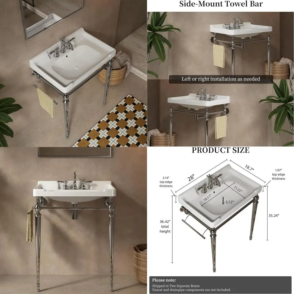 

28 Wall-Mounted Bathroom Vanity with White Ceramic Sink, Stainless Steel Legs, Towel Bar, and 3 Faucet Holes