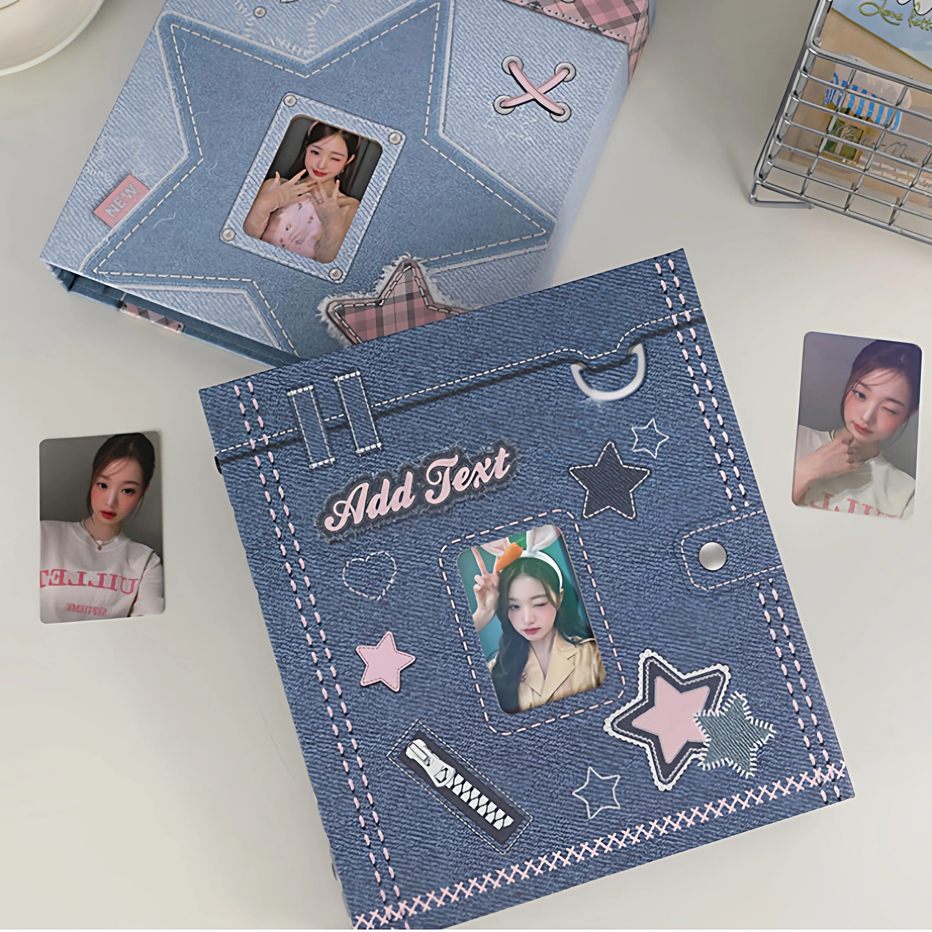 Star Denim Big A5 Magnetic Scrapbook Album Hollow-Out Loose-Leaf Album for 3'' 6'' Small Photo Cards Postcard Storage