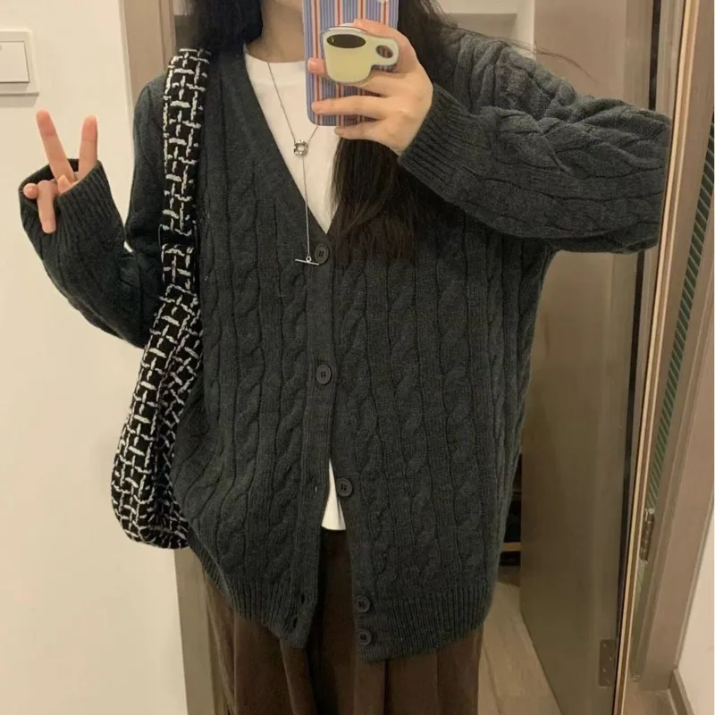 Vintage V-Neck Sweaters Cardigan Women Daily Casual Solid Comfortable Long Sleeve Ladies Fashion Autumn Winter Clothes
