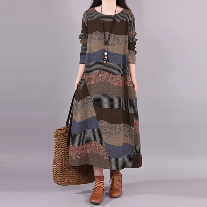 Vestido holgado de algodón y lino de manga larga con cuello redondo, vestido Midi artístico a rayas con retales, vestido informal cómodo para mujer, novedad de primavera