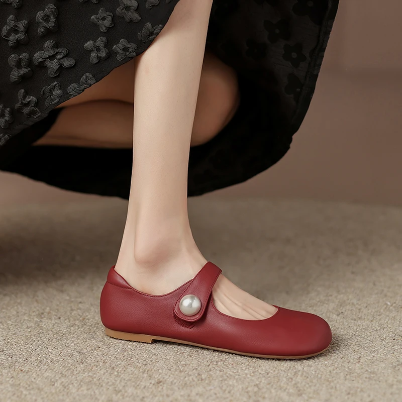 

One Strap Buckle Shoes Woman Round Toe Ballet Flats With Low Heel Mary Jane Spring Walk Shoes Woman Soft Cowhide Korea Flats