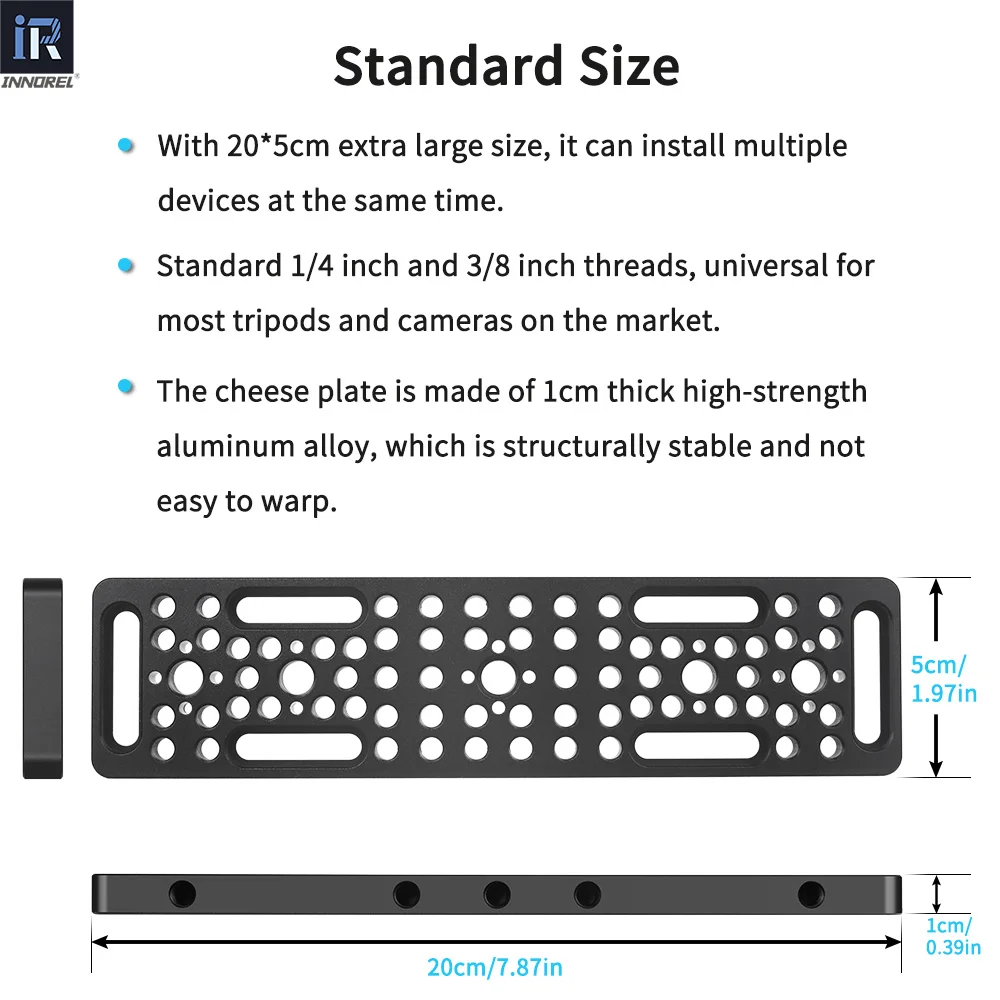 INNOREL CP2005 20*5cm Multi-Functional Cheese Plate,Switching Mounting Plate with Built-in ARRI Locating Holes for Camera Tripod