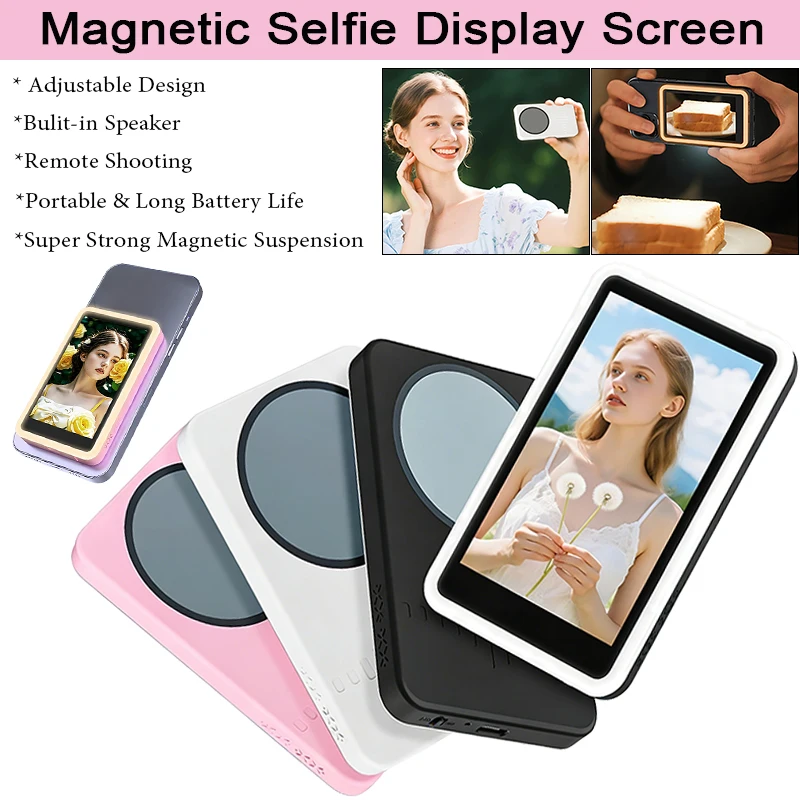 

Wireless Magnetic Vlog Selfie Monitor Screen with Tri-Color Fill Light Phone Selfie Screen Mirroring Device for Phone Rear Cam