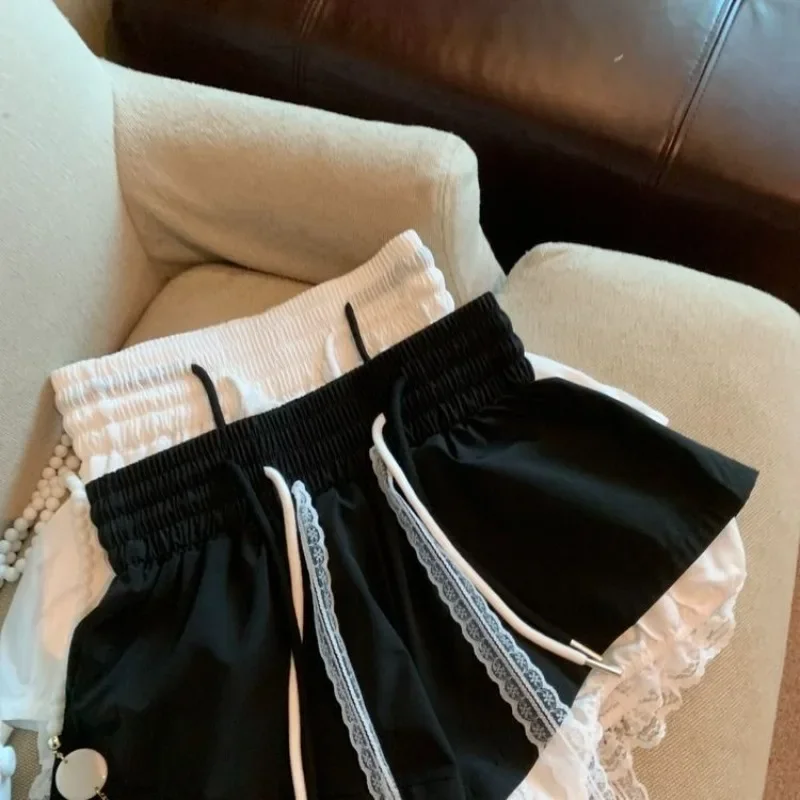 Duas peças rendas retalhos saias shorts y2k cintura alta doce lanterna shorts para as mulheres 2025 verão novas calças curtas casuais