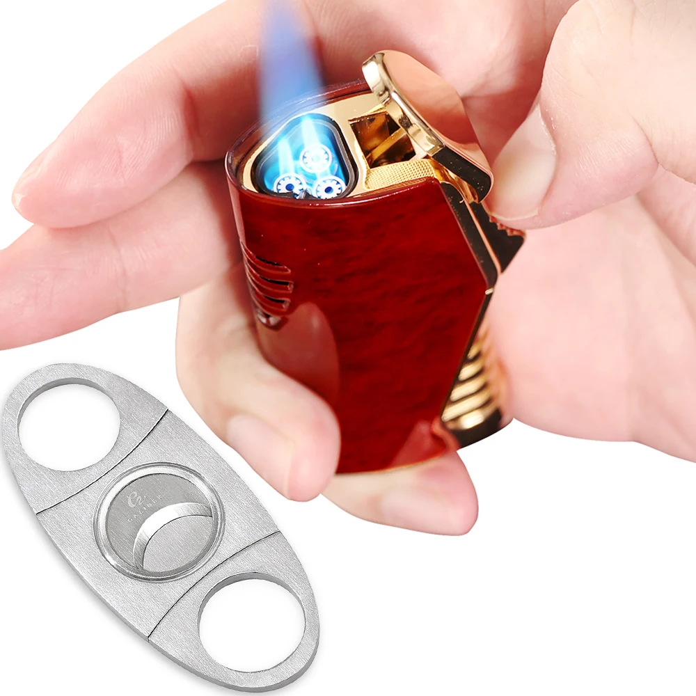 

GALINER Metal Cigar Lighter Gas 3 Torch Jet Blue Flame Lighter Cigar Cutter Guillotine No Gift Box