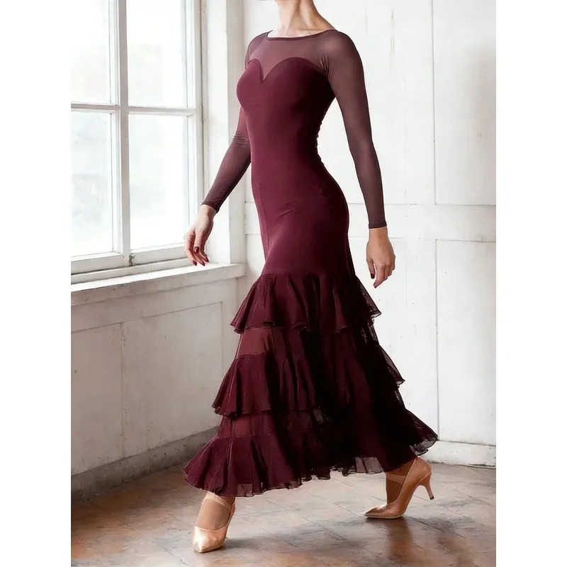 Customized Modern Dance Dress Balloom Standard Waltz Social Dance Big Swing Skirt Table Performance Uniform Long Sleeve Dresses