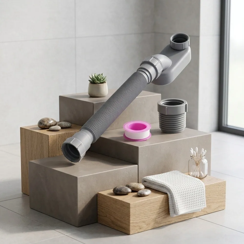 Adjustable Flexible Drain Pipe 12 to 33.5 Inch Low Profile Flat P Trap Kit for Standalone Bathtub Easy Bend Installation