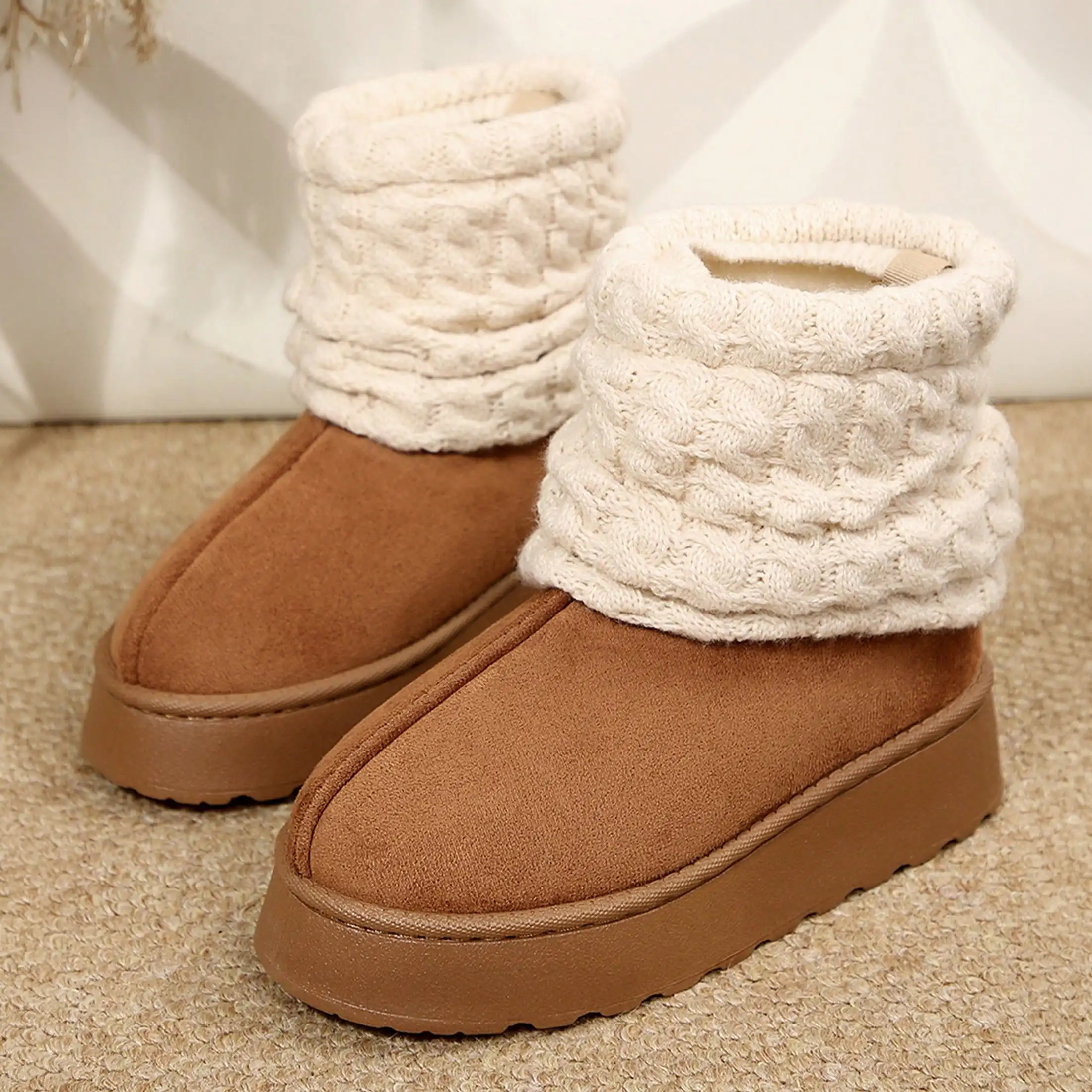 Women's Platform Snow Boots, Suede Upper with Knit Cuff, Fuzzy Fluffy Lining & Memory Foam Insole, Winter Warm Casual Footwear, Versatile Indoor Outdoor Slipper Boots, Cozy Ladies Shoes, Ideal for Daily Wear, Cold Weather, Weekend Outings, Pair with Jeans