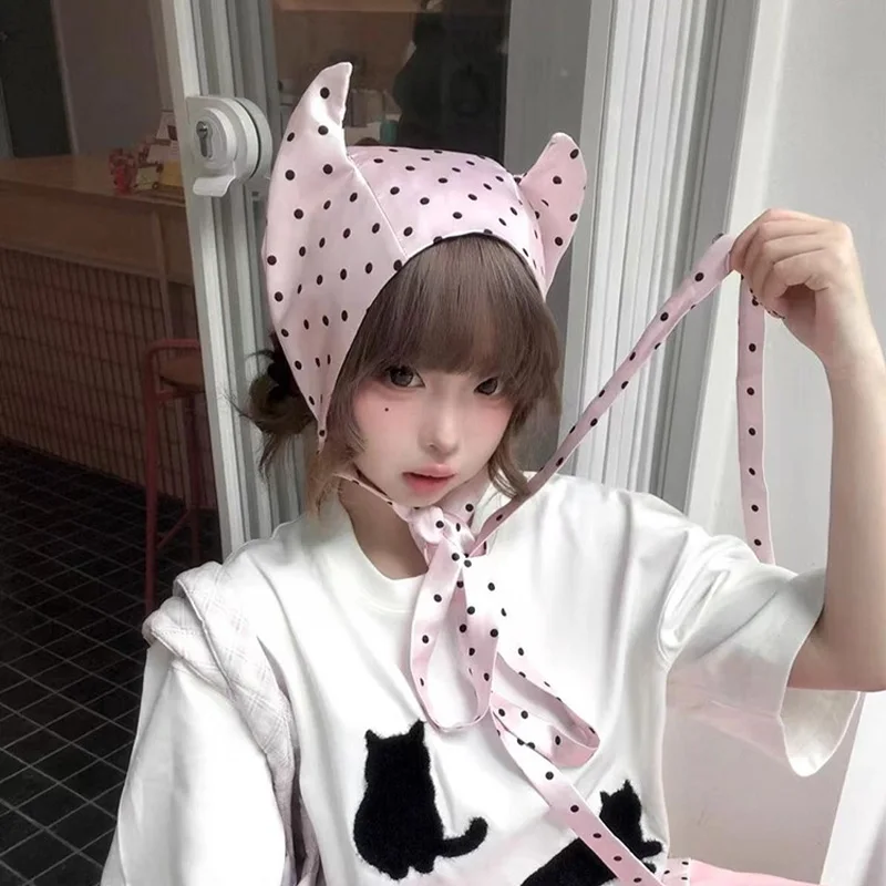 Korean Version Pink Polka Dot Satin Little Devil Corner Strap Pullover Hat Women Spring and Summer Sweet Niche Cute Headband