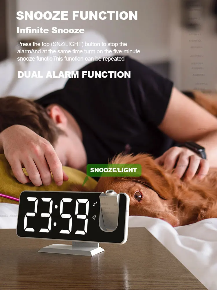 Aierwill N12 LED digitální projekci alarm hodiny psací stůl hodiny USB bdít nahoře hodiny s 180° čas projekci snooze stůl hodiny