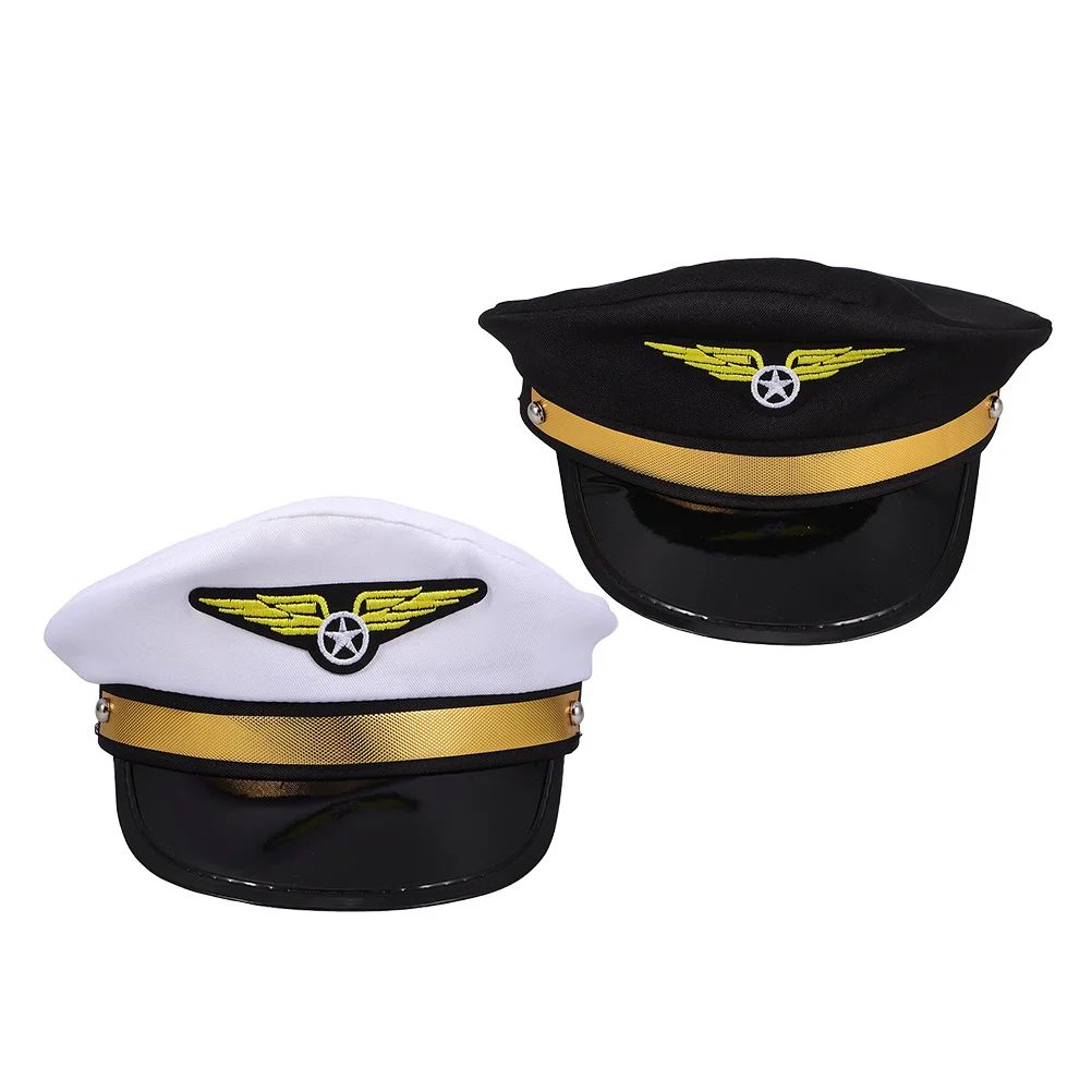 

Регулируемая шляпа пилота, 2 шт., черно-белая для вечеринки, сцены, косплея, карнавала, авиационной тематики, золотой значок, солнцезащитный капитан