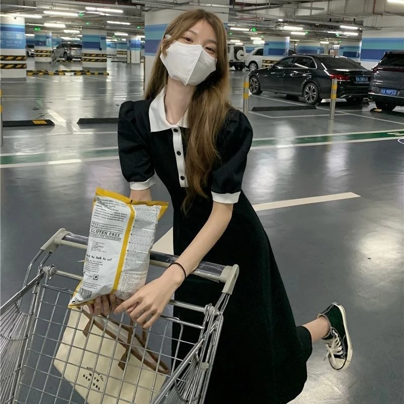 Ele ey col Long Dr t-shirt d'été femme Dr taille haute jupe trapèze ort Sve couleur Pure trajet Sle