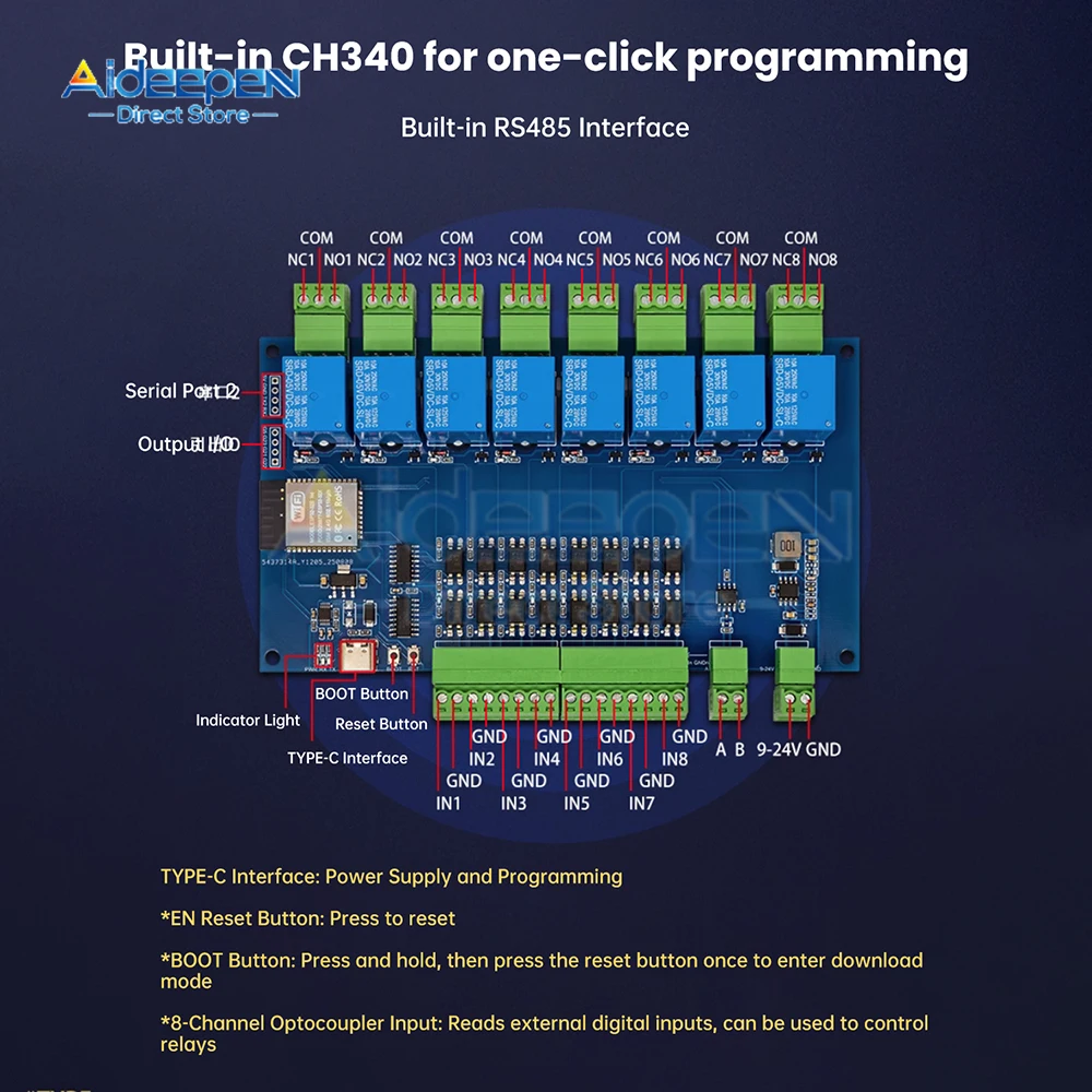 تيار مستمر 9-24 فولت ESP32 وحدة التتابع مع Modbus دعم 4/8 قناة Optocoupler عزل RS485 واي فاي بلوتوث لوحة تحكم صناعية
