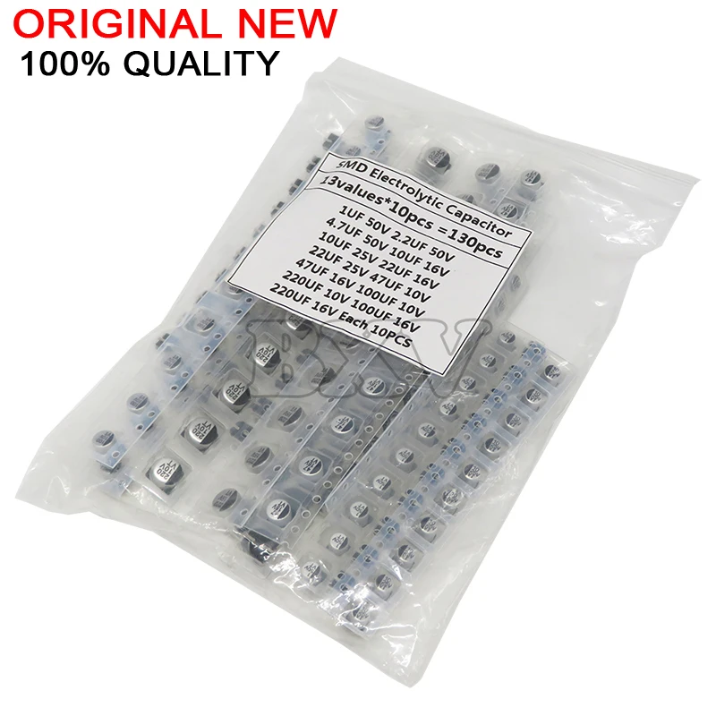 130PCS/LOT 1uF-220uF SMD Aluminum Electrolytic Capacitor Assorted Kit Set, 13Values*10PCS=130PCS Samples Kit