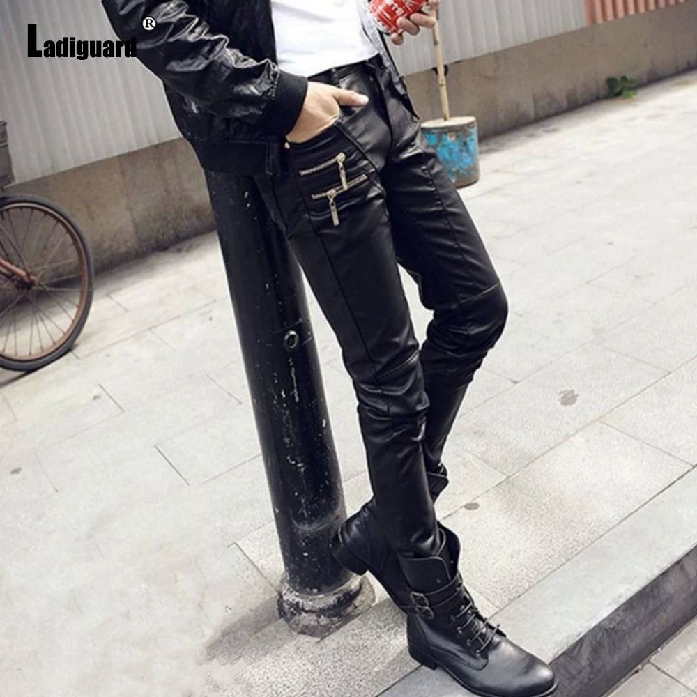 

Men Fashion Punk Style PU Leather Pants Sexy Night Club Dance Pants Multi-Zipper Cuff Faux Leather Slim Motorcycle Trouser New